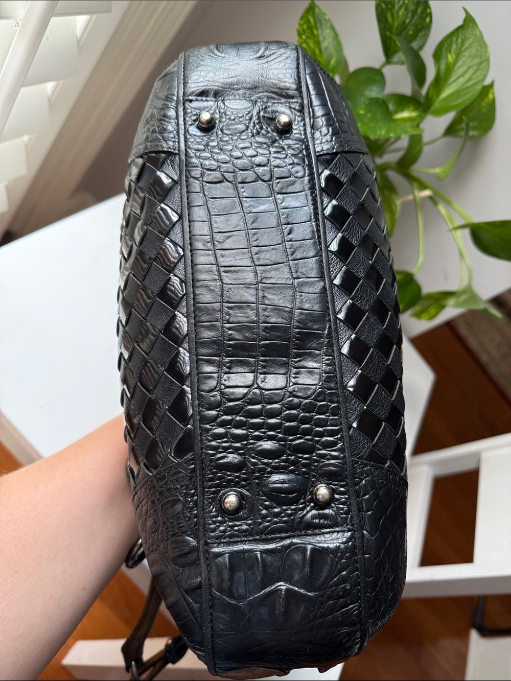 Brahmin Black Woven Leather Bucket/Drawstring Shoulder Bag - Picture 7 of 17